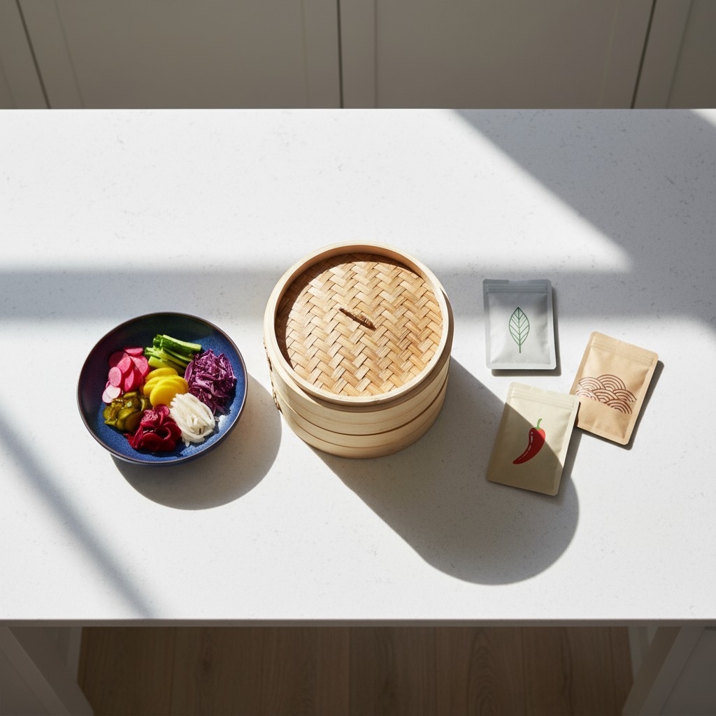 A white kitchen countertop with a small black bowl containing various sliced vegetables, a bamboo steamer basket without f...